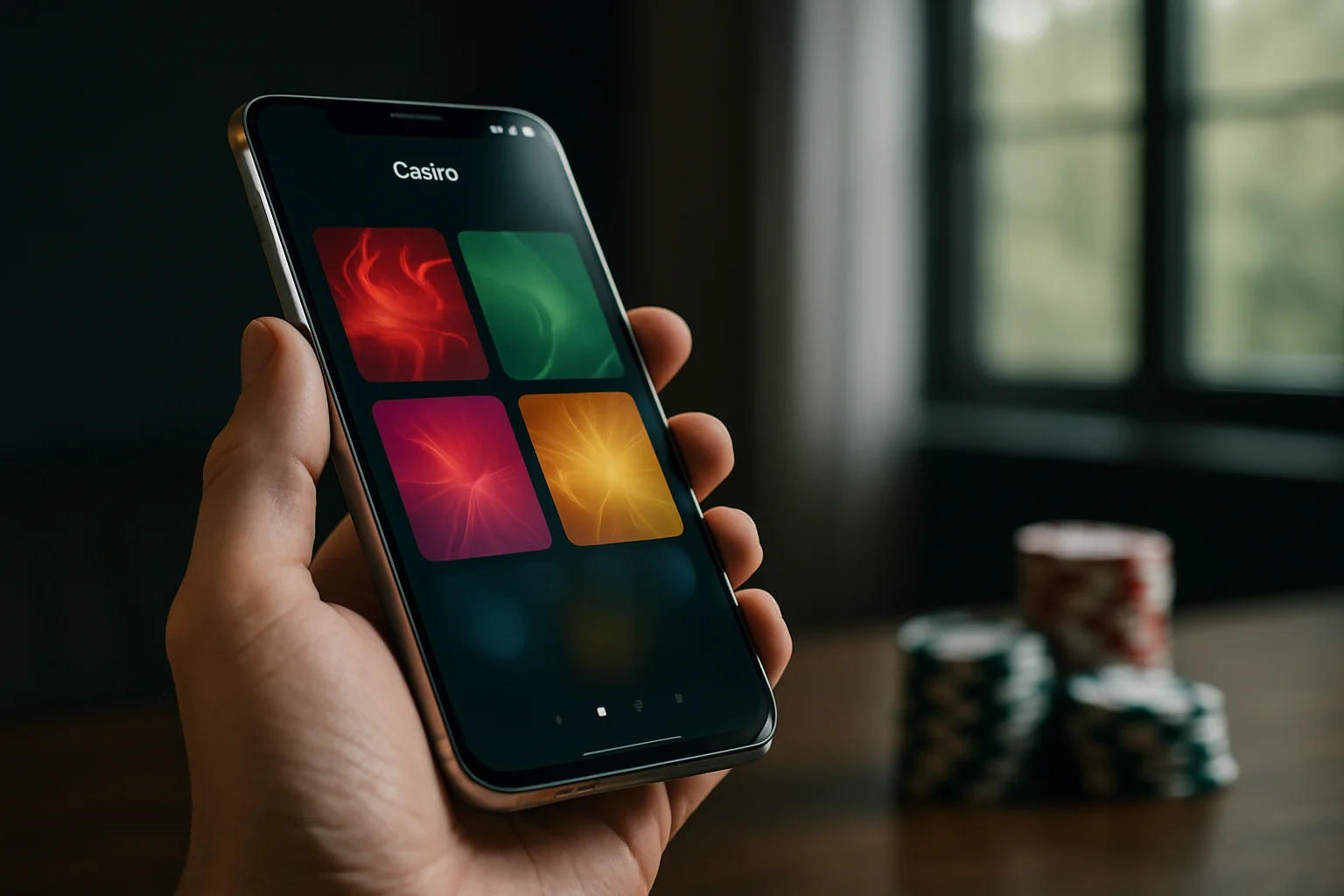 Hyperrealistic Android smartphone showing vivid casino app interface, dramatic studio lighting