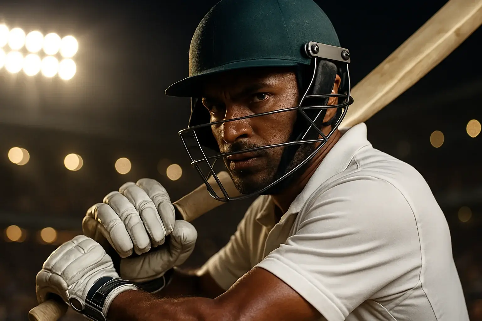 Hyperrealistic close-up of Bangladeshi cricket batsman swinging under stadium floodlights