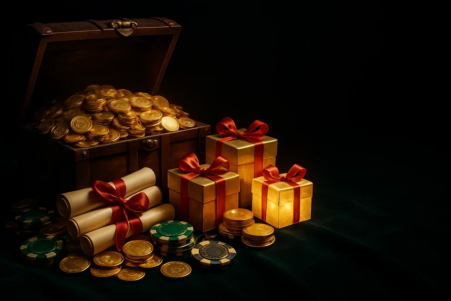 Overflowing treasure chest with gold coins, casino chips, bonus vouchers, gift boxes