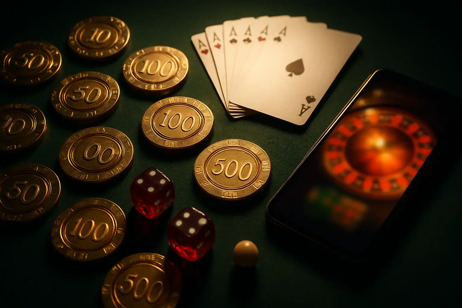 Top-down casino table with gold chips, cards, dice, roulette ball, smartphone