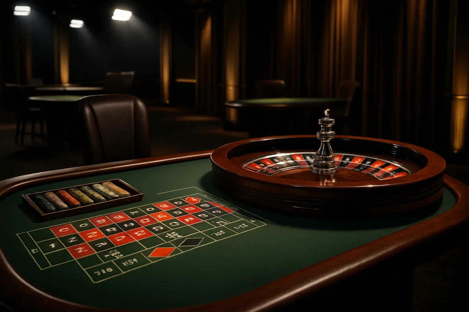 Hyperrealistic wide shot of empty roulette table in premium live casino studio