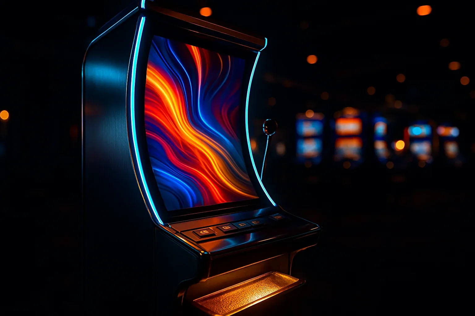 Hyperrealistic premium slot machine glowing in dark luxury casino with bokeh lights